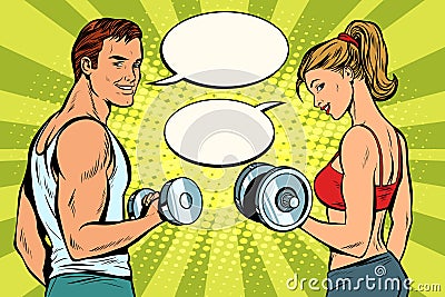 Man and woman in the gym with dumbbells Vector Illustration