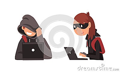 Man and Woman Hacker in Hoody and Mask Stealing Money Using Laptop Vector Set Vector Illustration