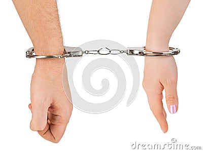 Man and woman hands and breaking handcuffs Stock Photo