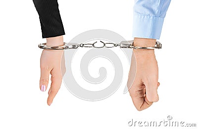 Man and woman hands and breaking handcuffs Stock Photo