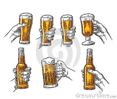 Man and woman hands holding, clinking with beer glass, bottle Vector Illustration