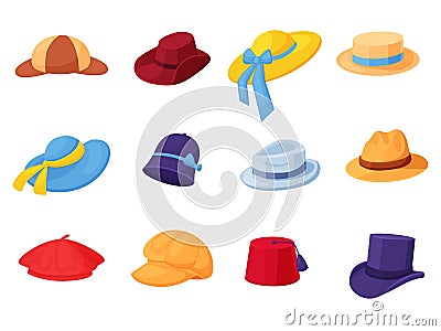 Man woman hats, cowboy and gentlemen hat. Head accessories, cap and cylinder. Girl summer beach accessory, vintage Vector Illustration