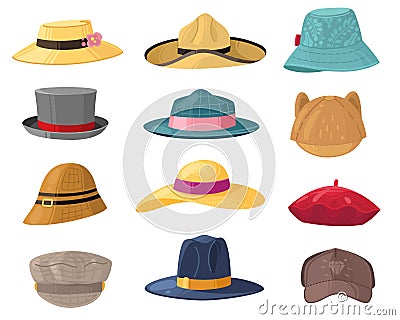 Man and woman hats. Fashion headwear for ladies and gentlemen, vintage and classic headdress beret, cap, beach panama Vector Illustration