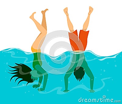 Man and woman have fun in swimming pool, diving and stand on arms in water Vector Illustration