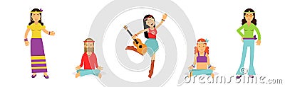 Man and Woman Hippies Dressed In Classic Sixties Hippy Subculture Clothes Vector Set Vector Illustration