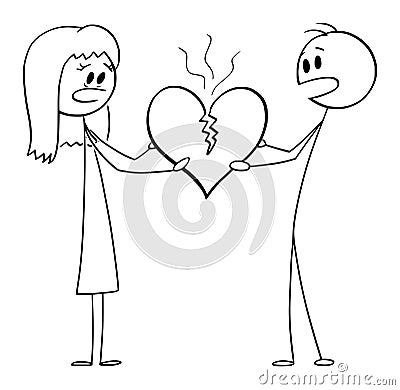 Man and Woman Holding Cracking Heart, Vector Cartoon Stick Figure Illustration Vector Illustration