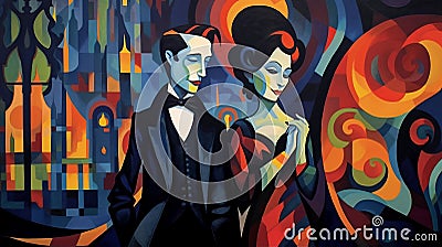 Luminous Gothic Couple Painting In Futurist Dynamism Style Stock Photo