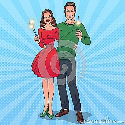 Man and woman holding in hands sparklers. Cartoon Illustration
