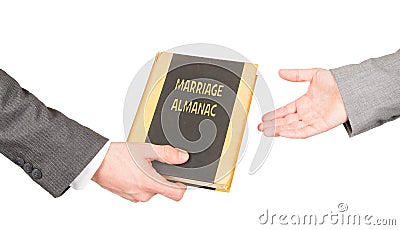 Man and woman holding a marriage almanac Stock Photo