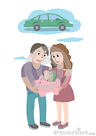 Man and woman holds piggy bank in their hand and dreams about car. Saving and investing money concept Vector Illustration