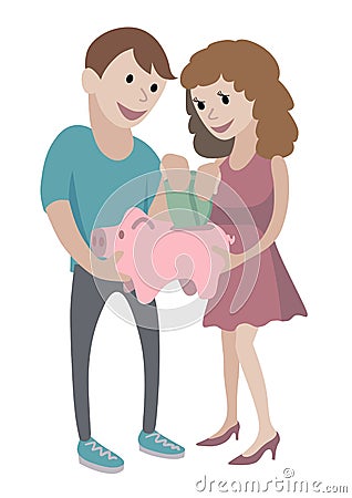 Man and woman holds piggy bank in their hands. Money concept Vector Illustration