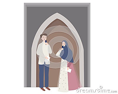 Man and woman host standing present Islam ceremony on stage holding microphone Vector Illustration