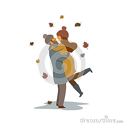 Man and woman hugging, happy couple in love on a date in autumn fall time vector illustration Vector Illustration