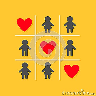 Man Woman icon Tic tac toe game. Three red big heart sign Yellow background Flat design Vector Illustration