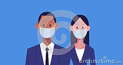 Man and woman icons wearing face masks maintaining social distancing against smiling face emojis Stock Photo