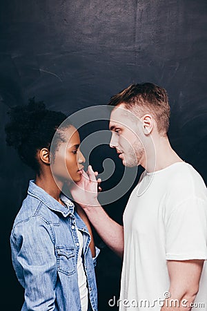 Man and woman important conversation, serious talk Stock Photo