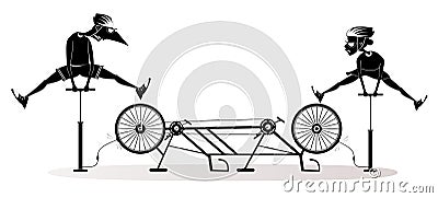 Man and woman inflating the wheel on the tandem bike Vector Illustration