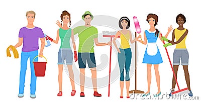 Man and woman janitors cleaners. Cleaning people group team together with cleaning equipmen set. Cleaning stuff service. Vector Illustration