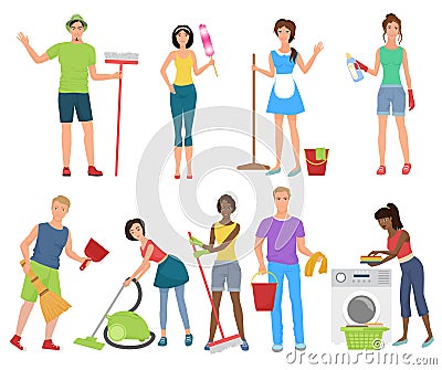 Man and woman janitors cleaners. Cleaning people working washing with cleaning equipmen set. Cleaning stuff service. Vector Illustration