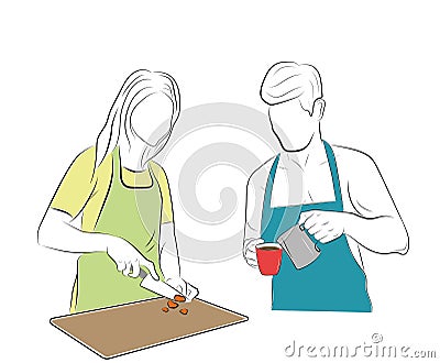 Man and woman in the kitchen. he makes coffee, she cooks food. vector illustration. Vector Illustration