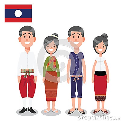 Man and Woman in Laos Traditional formal and Informal Nation Costume With Flag Vector Illustration