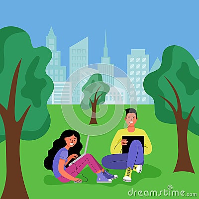 A man and a woman with laptops are sitting in a city park. Vector illustration. Vector Illustration