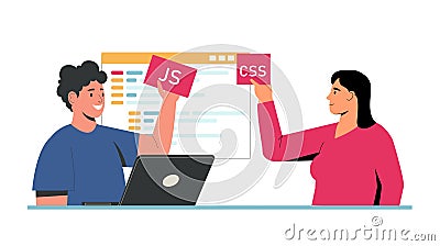 Man and woman learning web development, holding JavaScript and CSS cards with code on screen. Programming education, frontend Vector Illustration