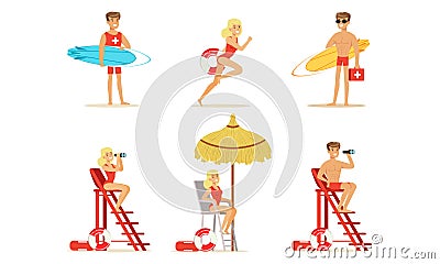 Man and Woman Lifeguard Supervising Safety of Swimmers Vector Set Vector Illustration