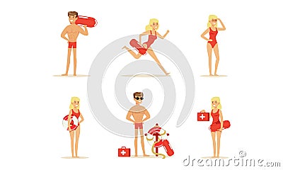 Man and Woman Lifeguard Supervising Safety of Swimmers Vector Set Vector Illustration