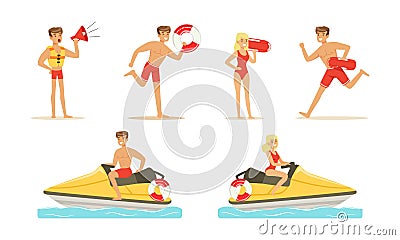 Man and Woman Lifeguard Supervising Safety of Swimmers Vector Set Vector Illustration