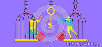 Man and woman in locked cage try to get a hanging key vector Vector Illustration