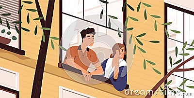 Man and woman looking out the window, breathing fresh air, thinking and contemplating. People stay at home during Vector Illustration