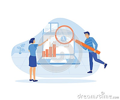 Man and woman looking at remote server from laptop using magnifying glass to analyzing large sets of data and recognizing mistakes Vector Illustration