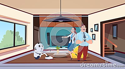 Man And Woman Looking At Robot Housekeeper Cleaning Living Room Vector Illustration