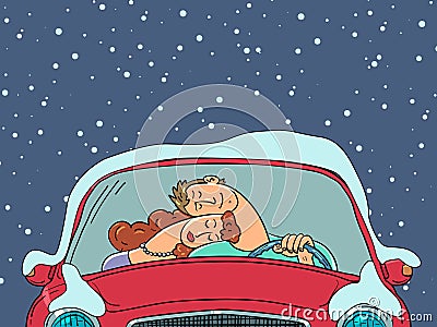 A man and a woman in love are driving together in a car in the winter in the snow. A married couple overcomes any Vector Illustration