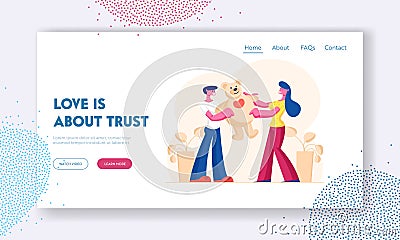 Man and Woman in Love Relation Website Landing Page. Loving Boyfriend Presenting Huge Gift Teddy Bear to Girlfriend Vector Illustration