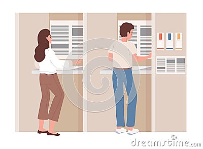 Man and woman make political choice for their candidate and vote for politicians at vector flat illustration. Vector Illustration