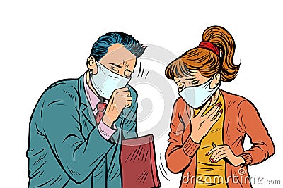 Man and woman in masks, dirty air, illness infection Vector Illustration