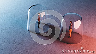 Man and woman meet from behind glassy bubbles. Social distancing Cartoon Illustration