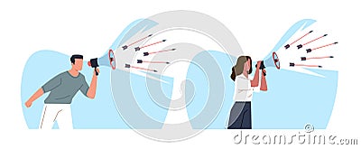 Man and woman with megaphone in their hands shout releasing arrows of slander and anger. Loudspeaker in people arms Vector Illustration