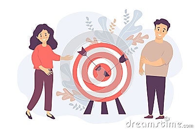 A man and a woman near a target with arrows in the center. Business concept - goal, teamwork, collaboration, result and success, Vector Illustration