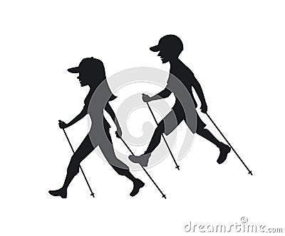 Man and woman nordic walking Vector Illustration