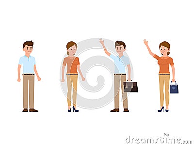 Man and woman office clerks cartoon characters. Coworkers with waving hands. Vector Illustration