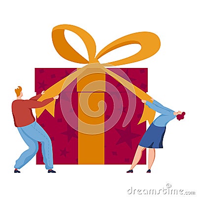 Man and woman open birthday or christmas present big gift box. Big surprise gift for New Year or birthday vector Vector Illustration