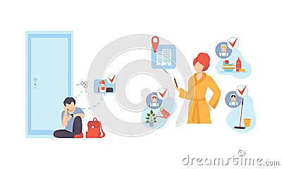 Man and Woman Ordering Service in Housecleaning and Locksmith Vector Set Vector Illustration