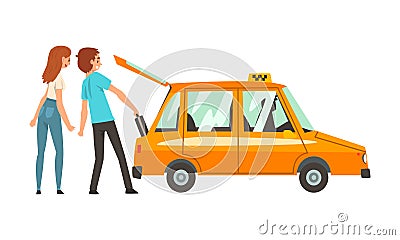 Man and Woman Passenger and Orange Taxi Cab Vector Illustration Vector Illustration