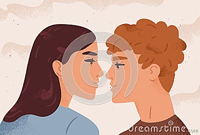 Man and woman in passion before first kiss vector flat illustration. Couple looking to each other with love and Vector Illustration