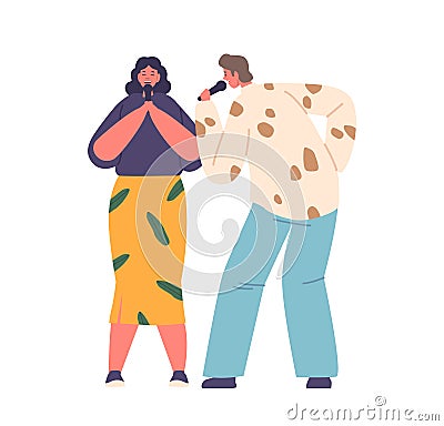 Man And A Woman Passionately Sing Karaoke, Their Voices Harmonizing, Creating A Lively And Memorable Musical Moment Vector Illustration