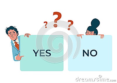 Man and woman peeking behind signs with words YES and NO. Cartoon characters with question marks, making decision vector Vector Illustration