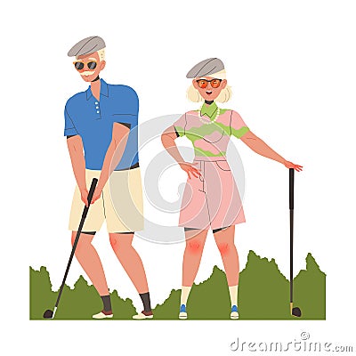 Man and Woman Pensioner Character with Club Playing Golf Engaged in Hobby Activity on Retirement Vector Illustration Vector Illustration
